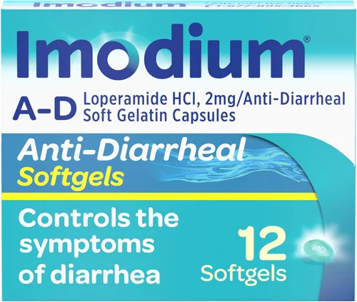 Imodium Cápsulas blandas para aliviar la diarrea A-D con loperamida HCl, medicamento antidiarreico para ayudar a controlar los síntomas de la