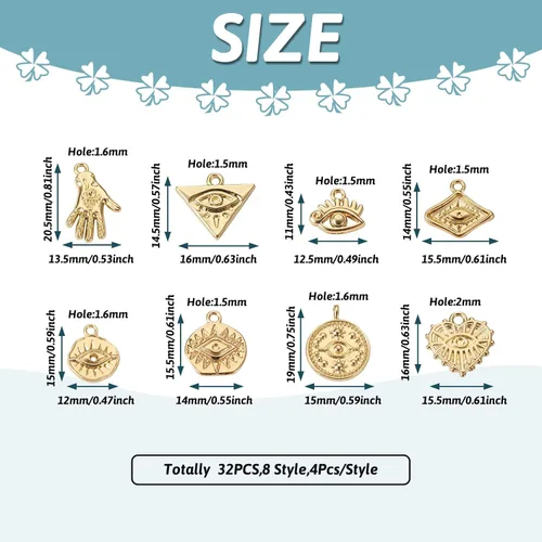 Vista 4 de Craftdady 32 dijes de aleación contra el mal de ojo, diseño geométrico dorado, rombo, triángulo, corazón, ojo a granel, para mujer, pulsera