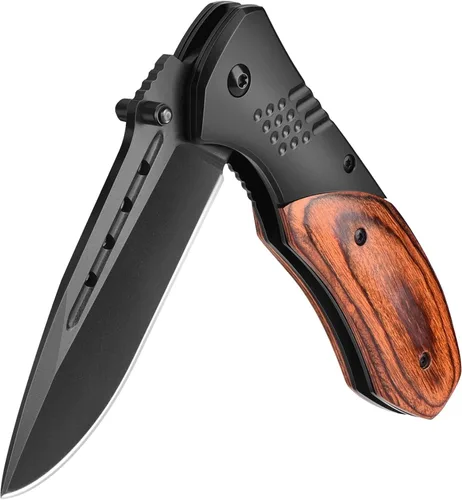 Vista 11 de KEXMO Navaja de bolsillo para hombre – Cuchillos plegables de bolsillo con mango de madera de hoja afilada con clip, rompedor de vidrio, cuchillos