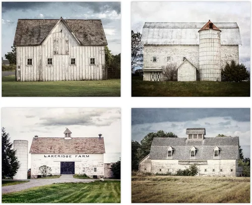 Lisa Russo Fine Art - Cuadros de paisaje de granero para decoración de pared de granja campestre - Juego de 4 - Sin marco - Blanco, azul, verde