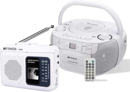 Retekess Combo de reproductor de CD y casete TR621, radio FM portátil Boombox, grabadora de cinta TR606, reproductor de casete AM FM Walkman,