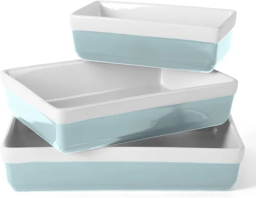 Vista 10 de MARTHA STEWART Juego de 3 piezas de utensilios para hornear de gres para horno a mesa, juego de fuente para hornear y cazuela, azul cobalto