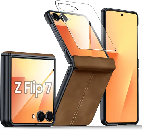 Vista 34 de para Samsung Galaxy Z Flip 7 Funda con protección de bisagras y protector de pantalla incorporado, funda de cuero mate de policarbonato ultradelgada