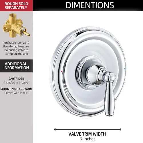 Vista 4 de Kit de accesorios para bañera y ducha con equilibrio de presión, compatible con válvula Moen Posi-Temp, cromado