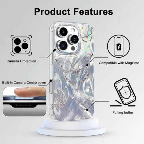 Vista 10 de I-MGAE-IN-AR - Funda diseñada para iPhone 12 y 12 Pro, diseño de mariposa plateada brillante, funda protectora de poliuretano termoplástico, suave