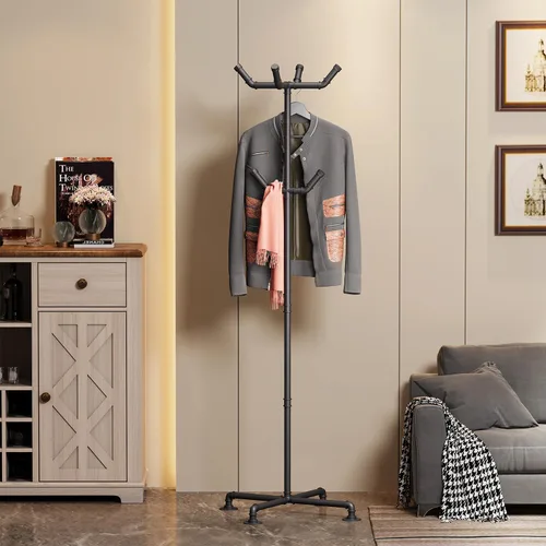 Vista 2 de Perchero industrial, perchero de metal independiente con 6 ganchos, perchero resistente para entrada, pasillo, dormitorio (negro)