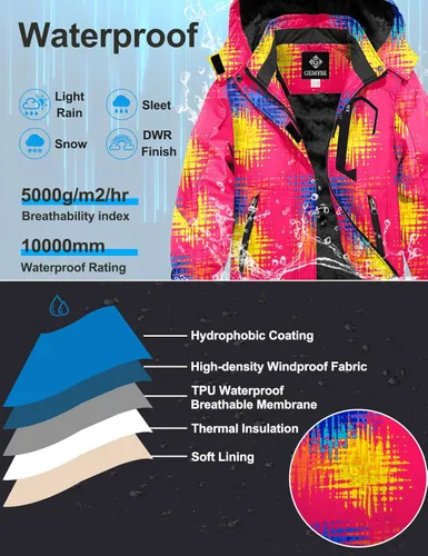 Vista 4 de GEMYSE Chaqueta de esquí impermeable para niña, chaqueta de invierno a prueba de viento con capucha