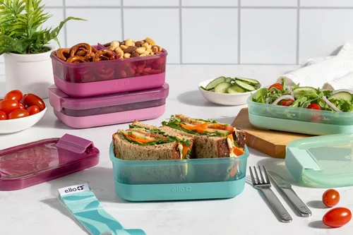 Vista 6 de Ello Juego de 2 contenedores de almacenamiento de alimentos de plástico para lonchera, tipo Bento, con tapas de plástico herméticas, a prueba