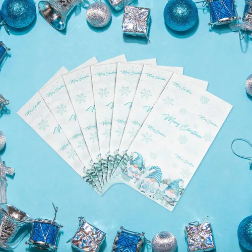 Vista 6 de 100 servilletas de papel de gnomo de Navidad, desechables, diseño de gnomo de Navidad, copos de nieve, servilletas de papel decorativo de Navidad