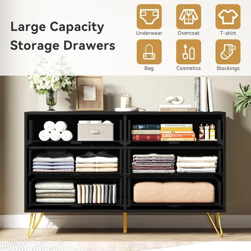 Vista 5 de Cómoda negra para dormitorio, cómoda de 6 cajones con cajones anchos y asas de metal dorado, cómoda de madera moderna para sala de estar, pasillo