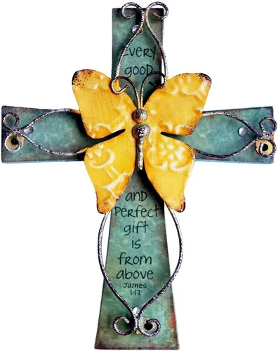 MelinSam Crucifijo de madera único con mariposa decorativa de metal envejecido y oración inspiradora inscrita en la cruz