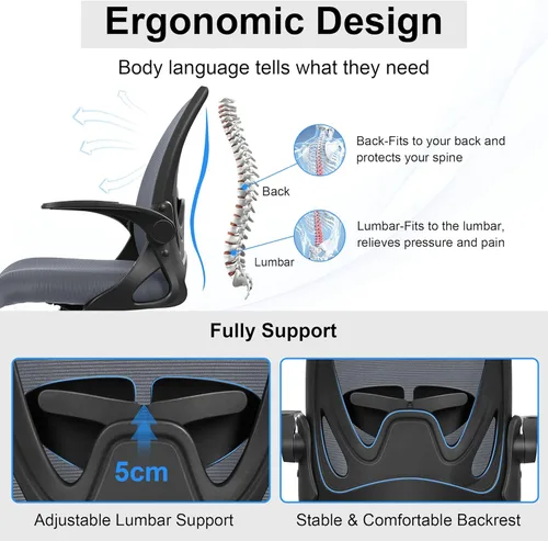 Vista 4 de Primy Silla de Oficina Ergonómica Silla de Escritorio con Soporte Lumbar y Altura Ajustables, Silla de Escritorio de Malla Transpirable Giratoria