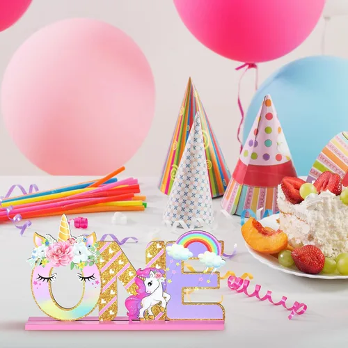 Vista 5 de Decoraciones de cumpleaños de unicornio, letrero de una letra de unicornio para el primer cumpleaños, centro de mesa de madera de una mesa