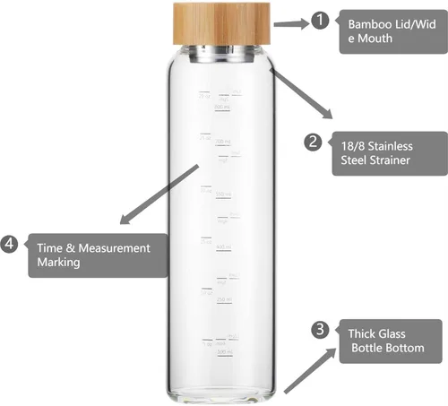 Vista 3 de sunkey Botella de agua de vidrio de 32 onzas de boca ancha con funda de bambú, botella de agua motivacional con marcador de tiempo, reutilizable