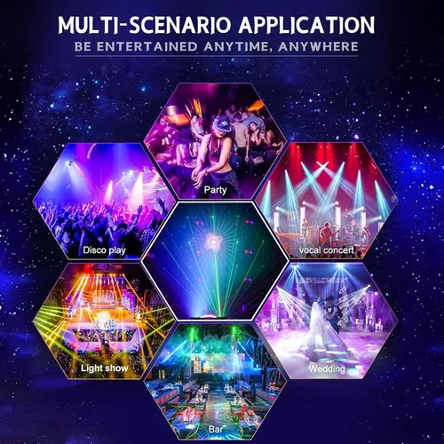 Vista 7 de Luces de fiesta de discoteca 3 en 1, luz estroboscópica LED DJ Rave, proyector de luz de escenario con control remoto activado por sonido, luces