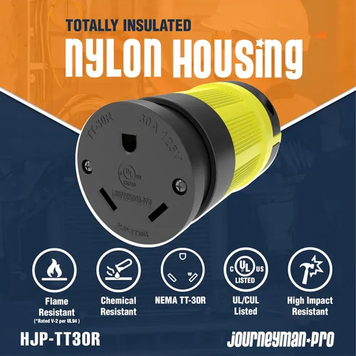Vista 2 de Journeyman-Pro NEMA TT-30R, 30 amperios, 125 voltios, conector hembra de remolque RV de hoja recta, grado industrial negro/amarillo, generador
