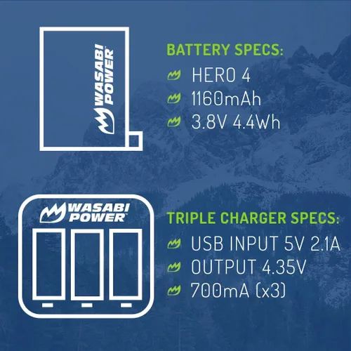 Vista 3 de Wasabi Power Batería HERO4 (x2) y cargador triple USB para GoPro AHDBT-401, Hero 4