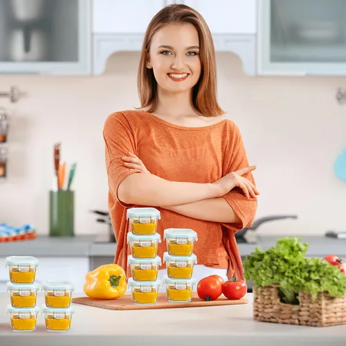 Vista 4 de Mini recipientes de vidrio para almacenamiento de alimentos, paquete de 12 frascos de vidrio pequeños de 5.4 onzas con tapas de bloqueo, recipientes