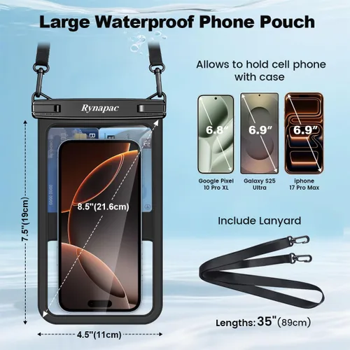 Vista 7 de Rynapac Bolsa impermeable para teléfono - Bolsa impermeable para teléfono de 8.5 pulgadas con cordón, bolsa seca para teléfono IPX8, artículos