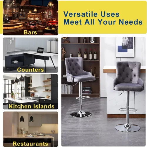 Vista 7 de Velvet Bar Stool, Swivel Adjustable Counter Height Barstools with Tufted Back, Modern Upholstered Bar Chairs with Footrest for Home Bar, Kitchen