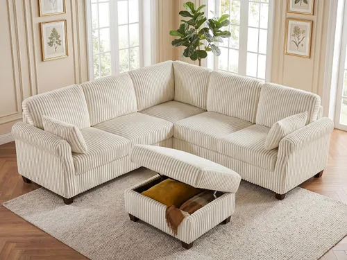 Vista 7 de Sofá modular en forma de V de 90.6 pulgadas con otomana de Beige -V