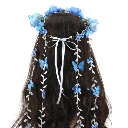 Blue Flower Crown Headpiece - Floral Headband with Butterfly Bohemian Vine Crown Hippie Flower Headpiece for Women Wedding Party Bridal Shower