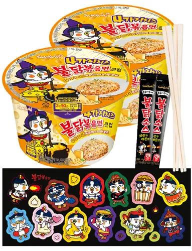 ***12 tipos de calcomanías de personajes Buldak 'Hochi'*** Quattro Cheese Buldak salteados fideos salteados Big Bowl 2 unidades + salsa Buldak 2