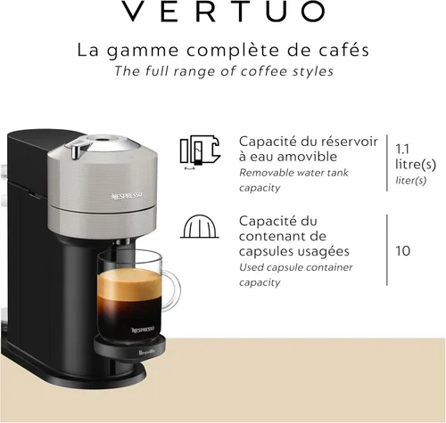 Vista 4 de Nespresso Vertuo Next Cafetera de café y espresso de Breville, con espumador de leche Aeroccino, gris claro