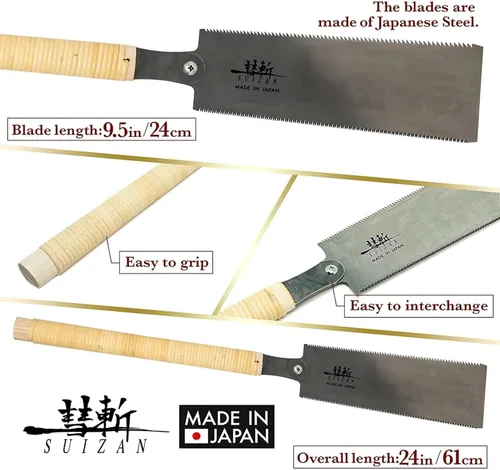 Vista 2 de SUIZAN Ryoba Sierra de Doble Filo 9.5" Versión de Ensamblaje - Sierra de Tracción Manual Japonesa Profesional Herramienta para Carpintería