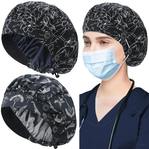 ABAMERICA Paquete de 2 gorras bouffant con botón y banda para el sudor, gorras médicas ajustables para mujeres y hombres, capa de satén