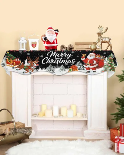 Vista 2 de Bufanda de repisa de Navidad de 60 x 17 pulgadas, decoración de chimenea de Papá Noel de Navidad color negro, cubierta de mantel de invierno