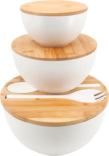 Vista 10 de ECOWAY Juego de 3 cuencos de ensalada con tapa y utensilios de servir, cuencos coloridos para servir, cuencos de fibra de bambú con tapa de bambú