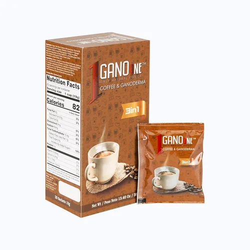 Vista 6 de 1 caja de café instantáneo GanoOne 3 en 1 con hongos Reishi - con extracto de ganoderma orgánico - Mezcla con crema y azúcar - Fácil de usar 20