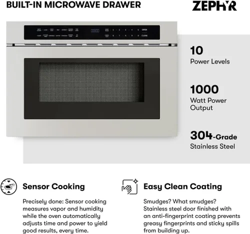 Vista 2 de Zephyr Horno Microondas de Cajón Empotrado de 24 pulgadas Bajo Gabinete - Integrado, Montaje en Pared, Cajón de Microondas Extraíble Bajo Mostrador
