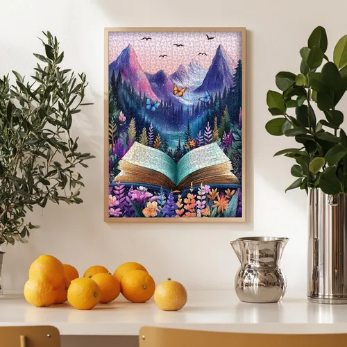 Vista 6 de Rompecabezas de libros coloridos para adultos, 1000 piezas, PICKFORU Impossible Nature Mountain Forest Puzzle Butterfly Bird, tema único de plantas