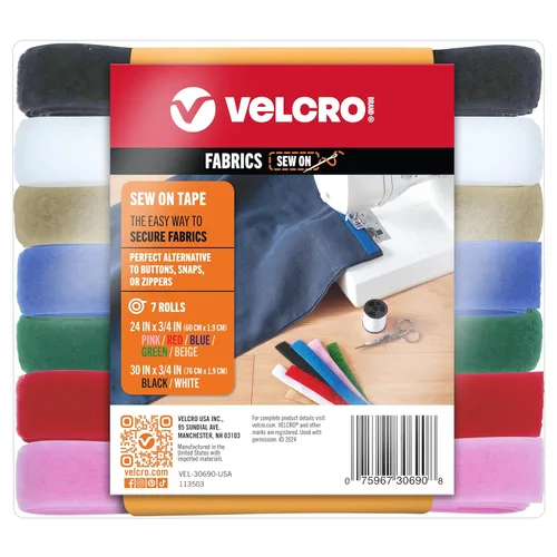 Velcro Brand Cinta para coser de 15 pies x 3/4 pulgadas en paquete variado de 7 colores para telas, ropa y manualidades, sustituto de broches y