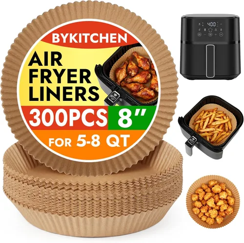 Vista 10 de BYKITCHEN 300 PCS forros desechables pequeños para freidora de aire de 2 a 5 QT, forros redondos de papel pergamino para freidora de aire