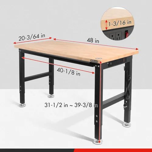 Vista 5 de WORKPRO Banco de trabajo ajustable de 48 pulgadas, estación de trabajo resistente con parte superior de madera de goma, capacidad de carga de 2000