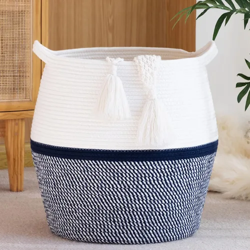 Vista 11 de KAKAMAY Cestas tejidas para almacenamiento (17 x 17 pulgadas), cesta grande de lavandería para bebé tejida con cuerda de algodón, cesta