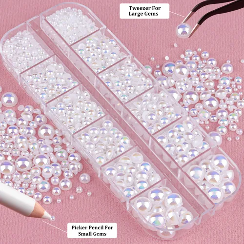 Vista 6 de 3800 piezas de 3 cajas de perlas con parte trasera plana, parte trasera plana, coloridas AB+blanco AB+beige AB perlas semicirculares con lápiz