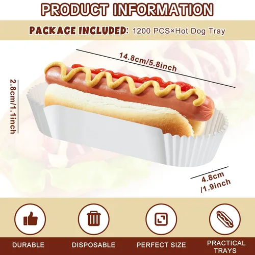 Vista 2 de 1200 bandejas para perros calientes de 6 pulgadas de papel estriado para perros calientes, bandejas desechables de papel blanco, bandejas