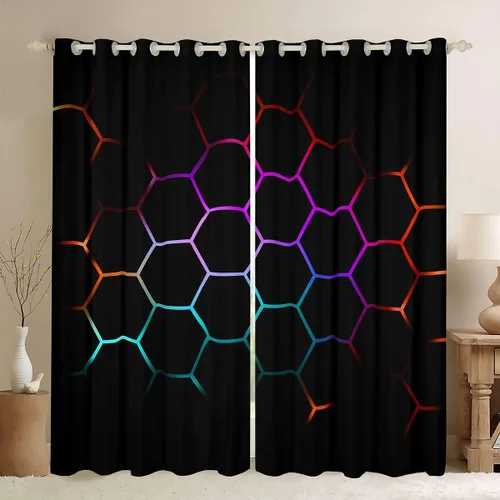 Vista 45 de Cortinas de ventana con diseño de panal para niños, hombres y niñas, diseño geométrico moderno con temática hexagonal, para dormitorio, sala