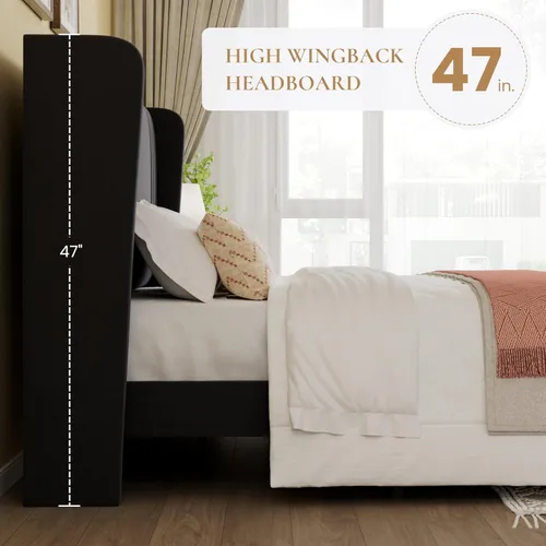 Vista 24 de SHA CERLIN Base de cama tapizada de terciopelo de tamaño matrimonial con cabecera de ala capitonada de canal vertical, soporte de listones