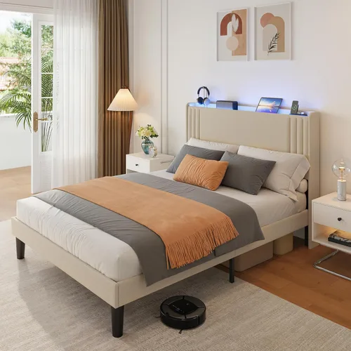 Vista 62 de Gizoon Base de cama matrimonial con cabecera de ala, plataforma tapizada con cabecera geométrica moderna, listones de madera, sin ruido, no necesita