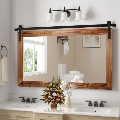 Vista 30 de COGOOD Espejo de puerta de granero de granja, 25 x 18 pulgadas, espejo decrativo con marco de madera rústica para baño, sala de estar, decoración
