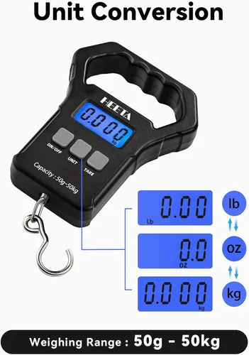 Vista 3 de HEETA Báscula de pescado, báscula digital portátil de pesca colgante de 110 libras / 110.2 lbs con pantalla LCD retroiluminada, báscula de equipaje