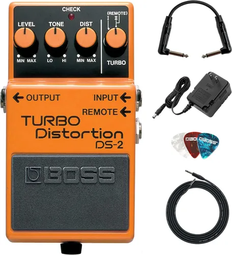 Vista 11 de Boss Paquete de distorsión DS-1 con cable de instrumento Gearlux, cable de conexión, púas y paño de pulido de Austin Bazaar