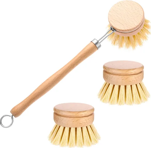 Boao Cepillo para platos con mango de madera de haya con 2 cabezales de repuesto, cepillo de madera natural para lavar y limpiar ollas y sartenes