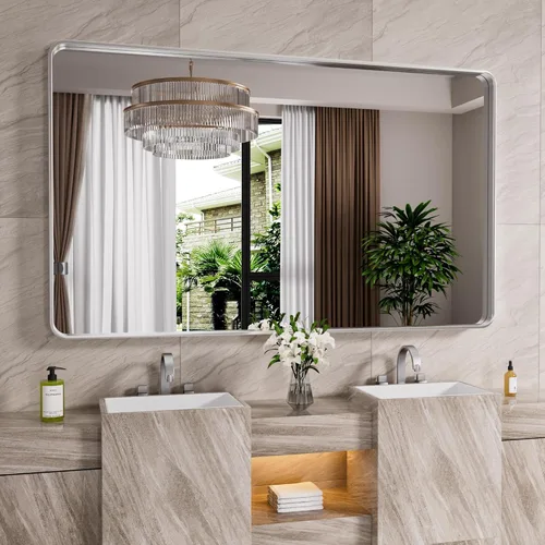 Vista 43 de JISOSO - Espejo de baño negro de 20x30 pulgadas con marco de metal negro, espejo de tocador rectangular redondeado con acabado mate para pared
