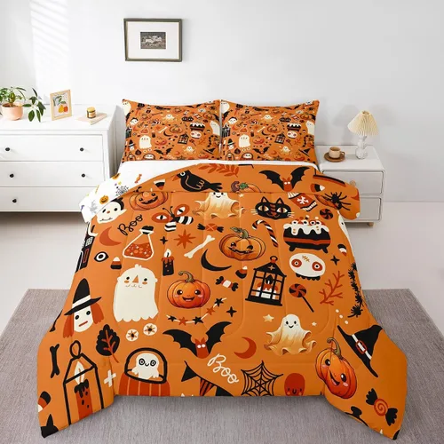 Erosebridal Ropa de cama de Halloween para niños y niñas, juego de edredón espeluznante de dibujos animados, tamaño individual, relleno de edredón